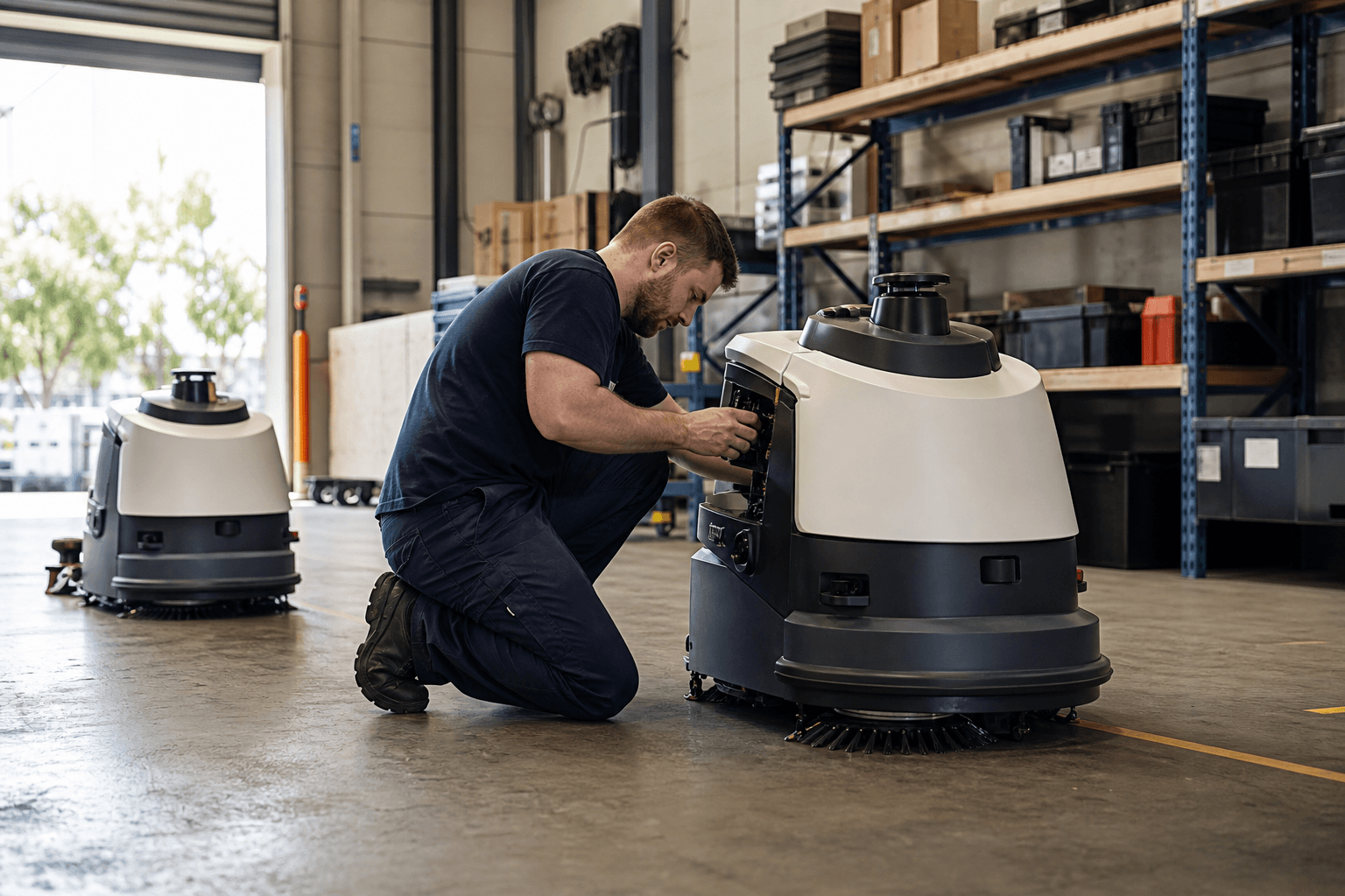 Technician preparing commercial cleaning equipment in a workshop