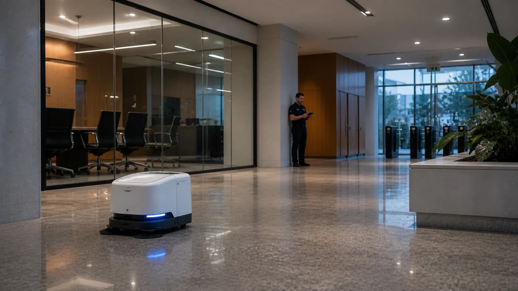 Commercial cleaner working in an office lobby