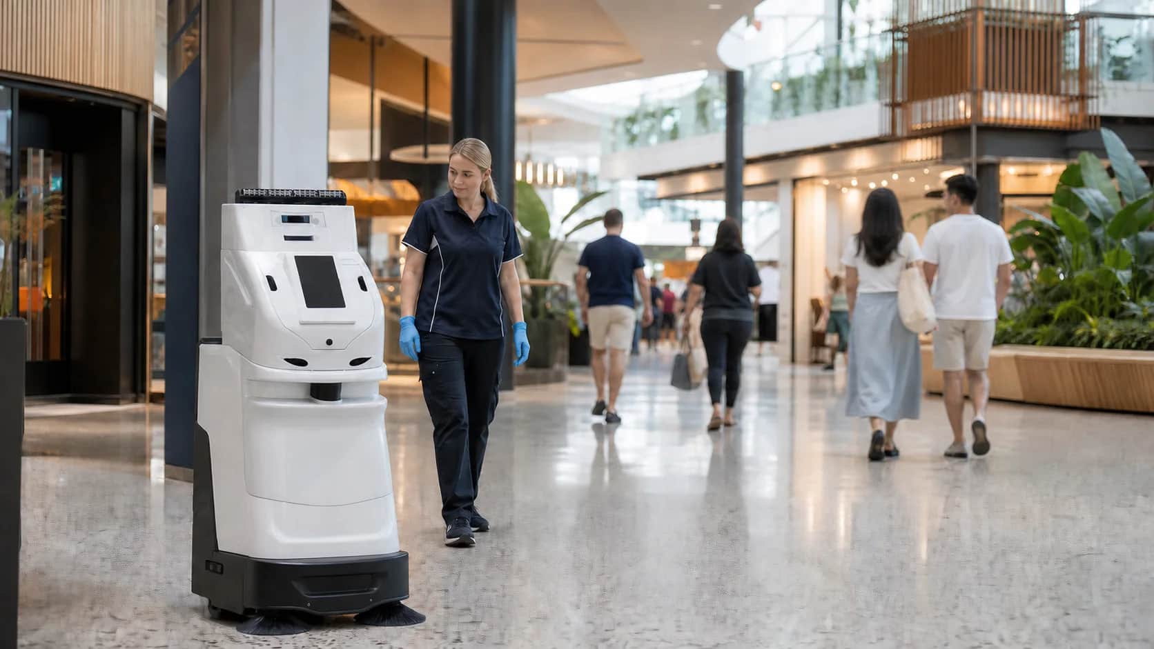 Commercial cleaner working alongside a team member in a shopping centre