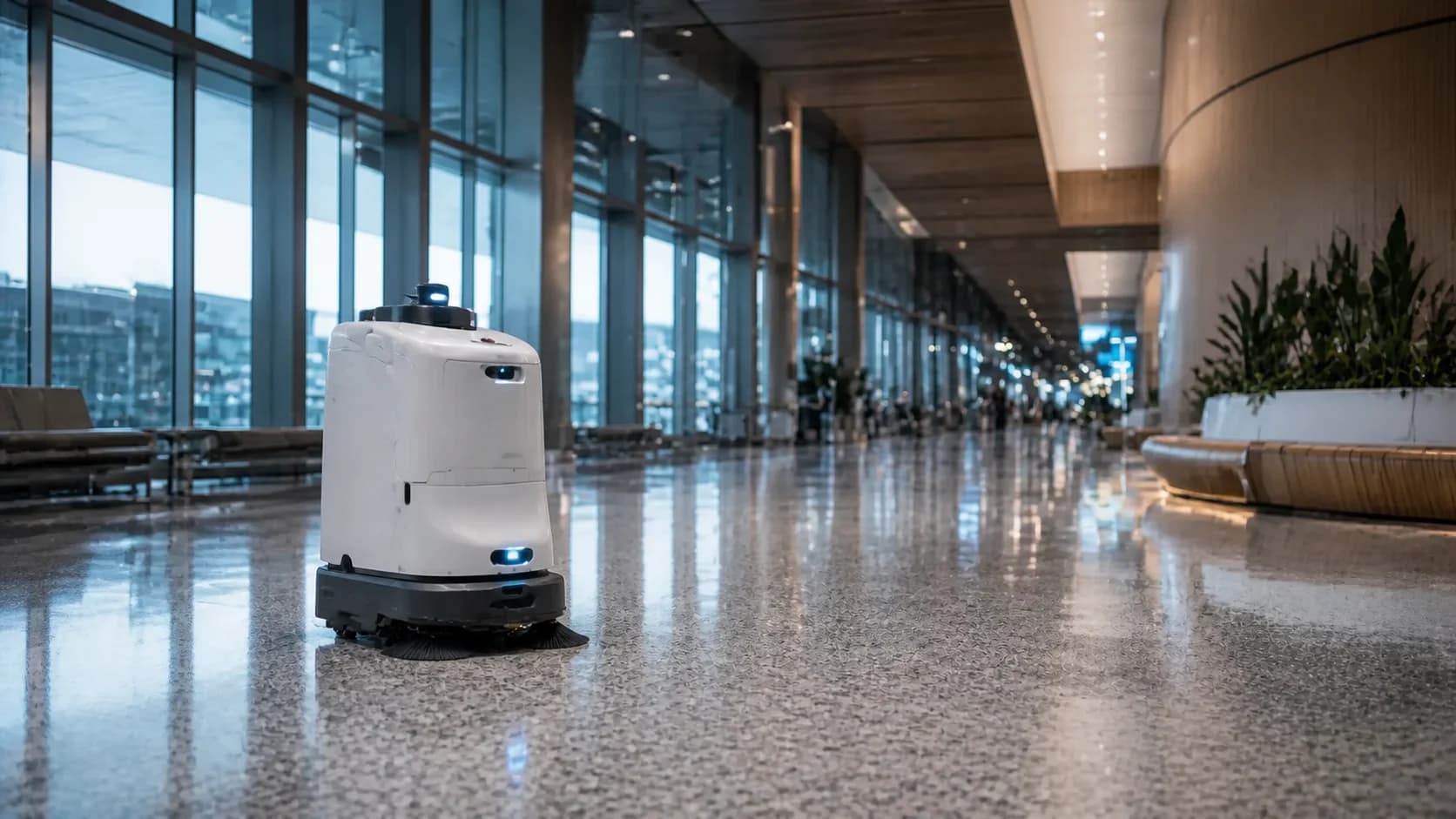 Commercial cleaner in an airport concourse