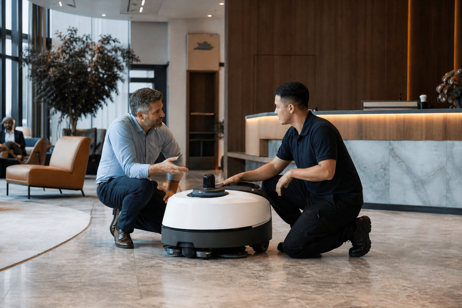 Facilities manager and ART technician completing a cleaning robot handover