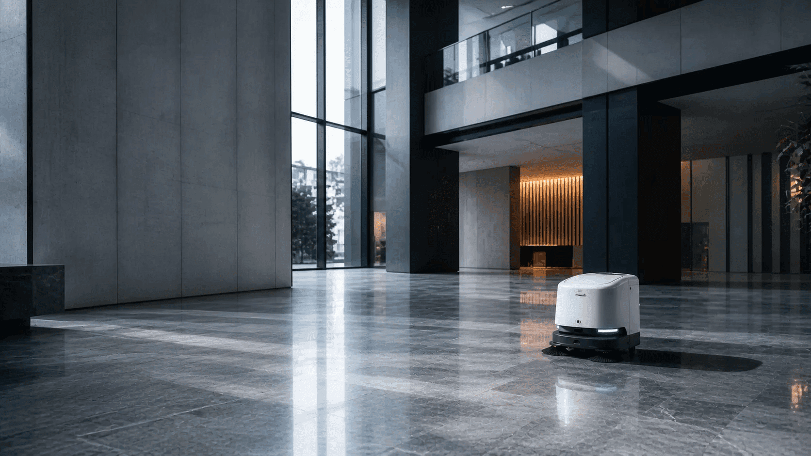 Commercial cleaning robot working in a modern atrium